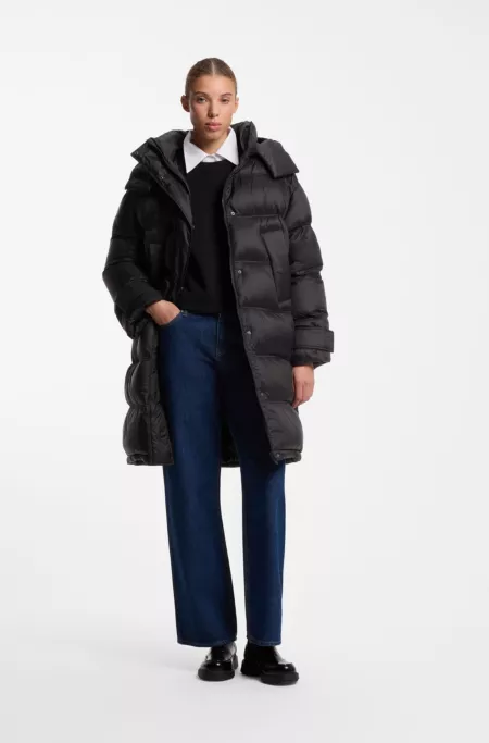 Lange wasserabweisende Steppjacke mit abnehmbarer Kapuze
