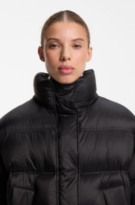 Long-length water-repellent puffer jacket with detachable hood, Black