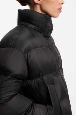 Long-length water-repellent puffer jacket with detachable hood, Black