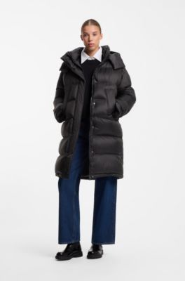 Long-length water-repellent puffer jacket with detachable hood, Black