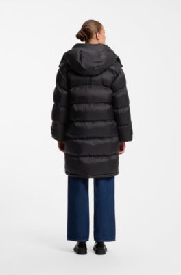 Long-length water-repellent puffer jacket with detachable hood, Black