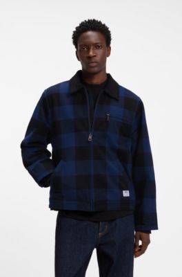Padded jacket in Glen-check cotton flannel, Dark Blue