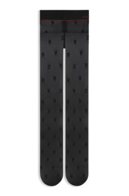 Patterned micronet tights with logo waistband, Black