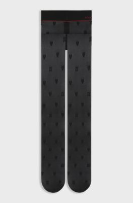 Patterned micronet tights with logo waistband, Black
