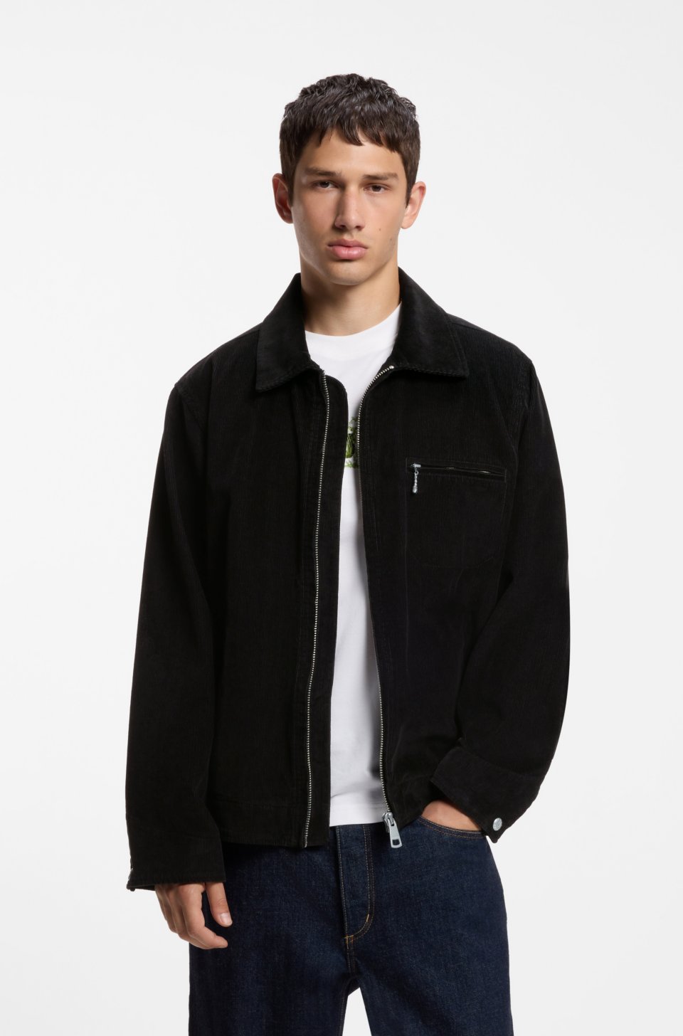 Corduroy zip-front jacket with chest pocket