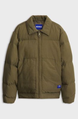 Puffer jacket in canvas with warm-lined pockets, Olive