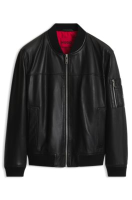Nappa-leather bomber jacket with stacked-logo rivet, Black