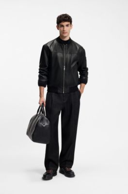 Nappa-leather bomber jacket with stacked-logo rivet, Black