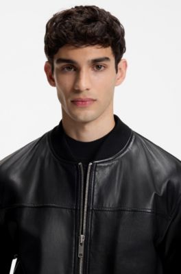 Nappa-leather bomber jacket with stacked-logo rivet, Black