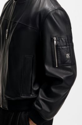 Nappa-leather bomber jacket with stacked-logo rivet, Black