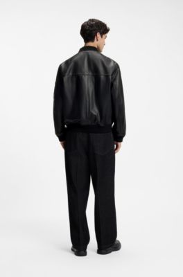 Nappa-leather bomber jacket with stacked-logo rivet, Black