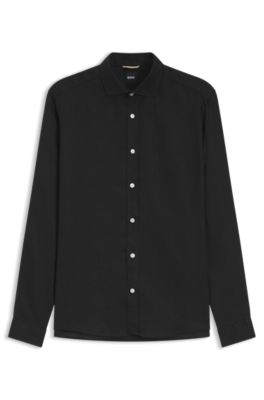 Regular-fit shirt in washed linen, Black