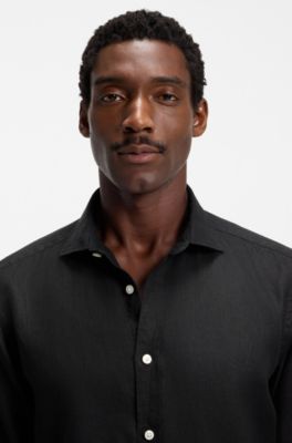 Regular-fit shirt in washed linen, Black
