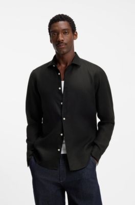 Regular-fit shirt in washed linen, Black