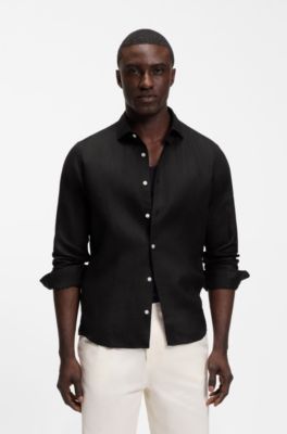 Chemise Regular en lin lav&eacute;, Noir
