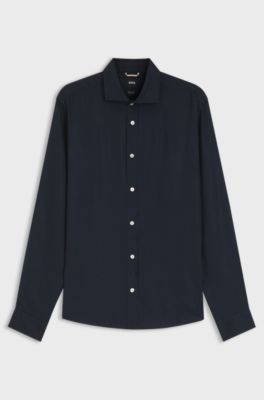 Camicia regular fit in lino lavato, Blu scuro