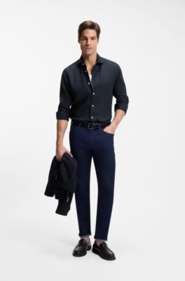 Regular-fit shirt in washed linen, Dark Blue
