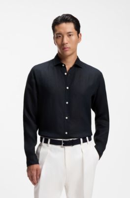 Regular-fit shirt in washed linen, Dark Blue