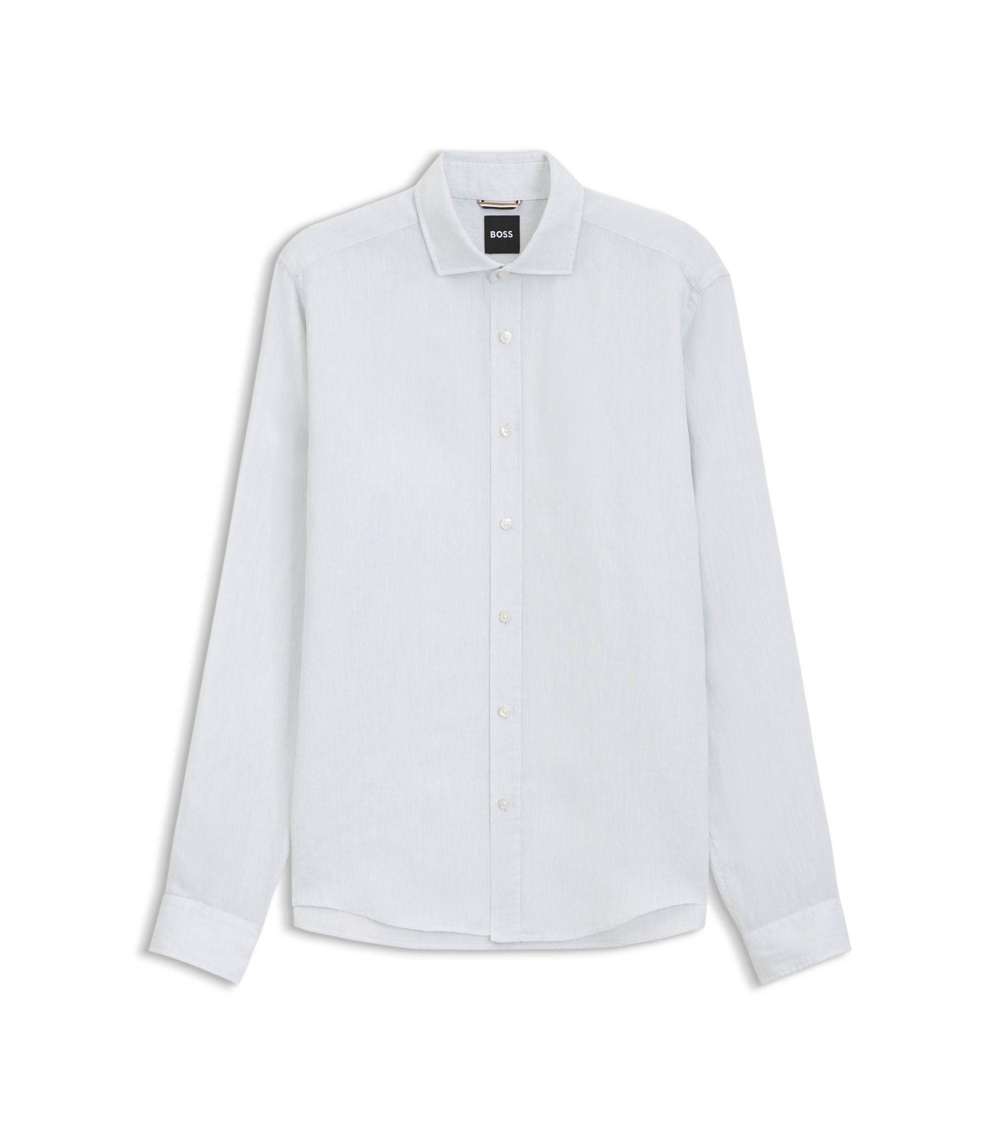 Pale Blue Linen Shirt, Black Trousers