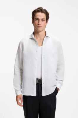 Regular-fit shirt in washed linen, Light Blue