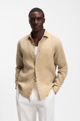 Regular-fit shirt in washed linen, Gold