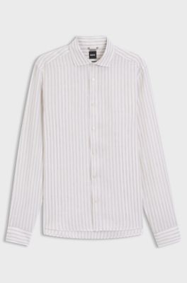 Regular-fit shirt in striped linen, Beige stripes