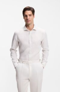 Regular-fit shirt in striped linen, Beige stripes