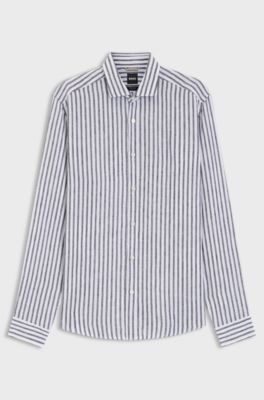 Regular-fit shirt in striped linen, Blue stripes