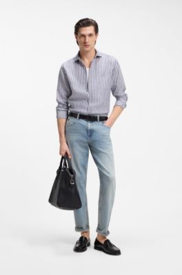 Regular-fit shirt in striped linen, Blue stripes