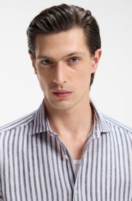 Regular-fit shirt in striped linen, Blue stripes