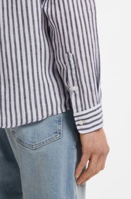 Regular-fit shirt in striped linen, Blue stripes