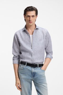Regular-fit shirt in striped linen, Blue stripes