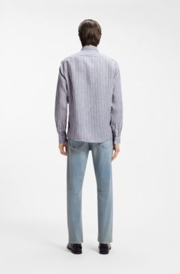 Regular-fit shirt in striped linen, Blue stripes