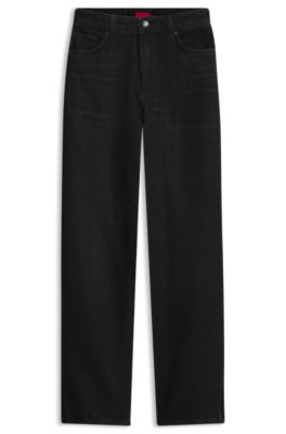 Straight-fit jeans in black Japanese denim with slits, Dark Grey