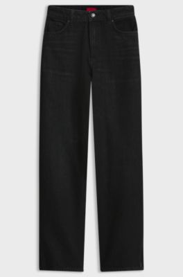 Straight-fit jeans in black Japanese denim with slits, Dark Grey