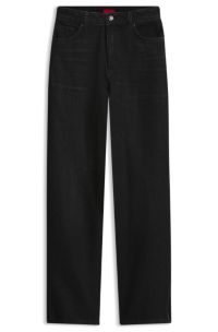Straight-fit jeans in black Japanese denim with slits, Dark Grey