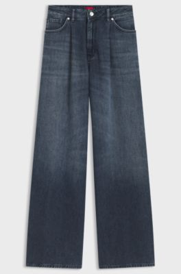 Wide-leg jeans in blue denim with front pleats, Dark Blue