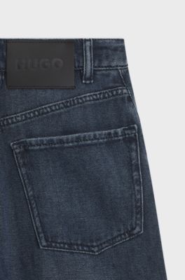 Wide-leg jeans in blue denim with front pleats, Dark Blue