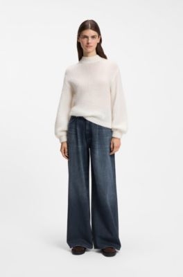 Wide-leg jeans in blue denim with front pleats, Dark Blue