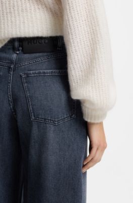 Wide-leg jeans in blue denim with front pleats, Dark Blue