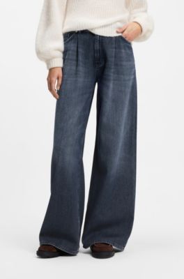 Wide-leg jeans in blue denim with front pleats, Dark Blue