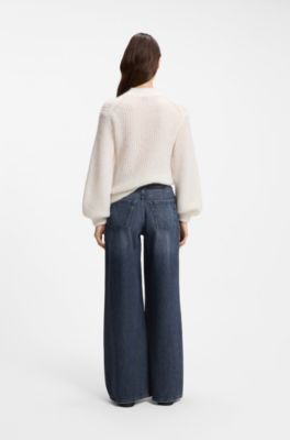 Wide-leg jeans in blue denim with front pleats, Dark Blue