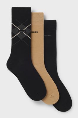Lot de trois paires de chaussettes en coton m&eacute;lang&eacute;, pr&eacute;sent&eacute;es dans un coffret cadeau, Noir / Beige