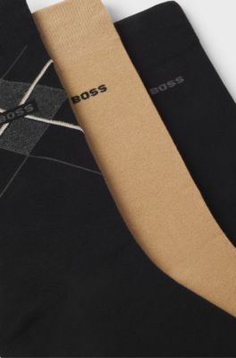 Lot de trois paires de chaussettes en coton m&eacute;lang&eacute;, pr&eacute;sent&eacute;es dans un coffret cadeau, Noir / Beige