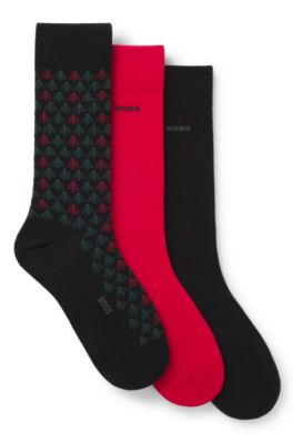 Gift-boxed three-pack of cotton-blend socks, Black / Red