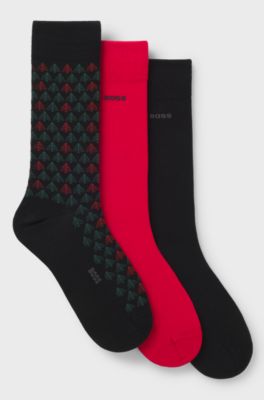 Gift-boxed three-pack of cotton-blend socks, Black / Red