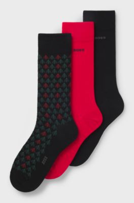 Gift-boxed three-pack of cotton-blend socks, Black / Red