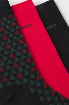 Gift-boxed three-pack of cotton-blend socks, Black / Red