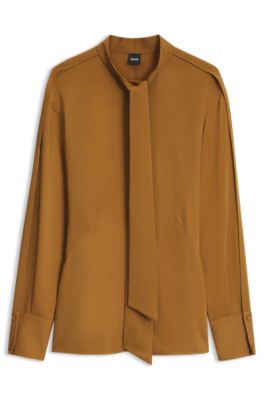 Tie-collar crepe blouse, Brown