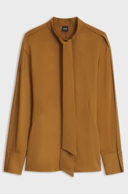 Tie-collar crepe blouse, Brown